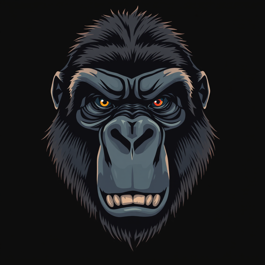 Illustration of a fierce gorilla head with sharp details, high contrast, and a dark background, 85mm lens, f/4 aperture, ISO 100, shot from eye level using a digital illustration style.
