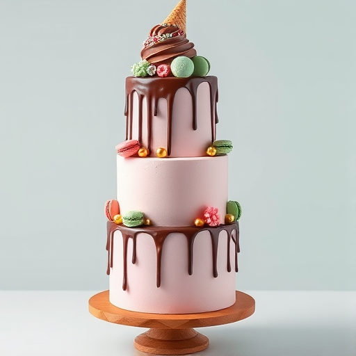 Create an image of a tall multi-tiered cake with pastel colors including pink and mint green. The cake should have chocolate drips cascading down the sides and be adorned with colorful macarons, gold balls, and small decorative flowers. At the top, there should be an ice cream cone along with a scoop of chocolate ice cream and sprinkles. The cake is displayed on a round wooden cake stand with a decorative base.