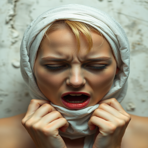 Create a close-up photographic image of a Caucasian woman with light skin tones shown against an old, worn wall. Their head is wrapped in a white cloth covering (i.e.... parts of the head except the nose and mouth, which are open as if they are screaming...), with a slight texture and visible folds in the fabric. Thin strands of blonde hair escape from the wrapping above, falling lightly at the top and sides. Their hands hold the fabric as if they are tugging nervously. The lighting is dramatic and even, casting strong shadows. The image has a minimalist and surreal style with an emphasis on simplicity with soft color tones. The composition is centered.