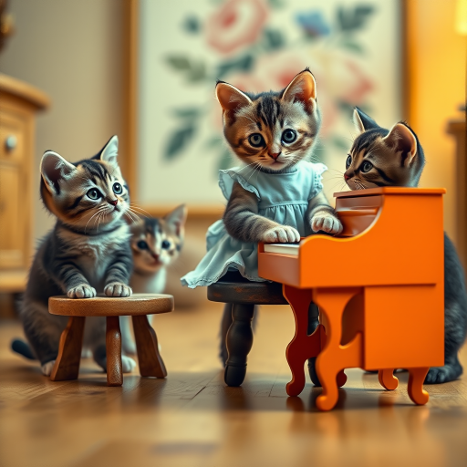 A charming scene of three cute cats in a vintage-style room. One cat, wearing a small, light-blue dress, sits on a tiny stool playing a miniature orange piano. Two other cats, with wide, curious eyes, watch the piano-playing cat intently. The room has warm lighting, with a cozy, old-fashioned aesthetic, soft wooden floors, and a blurred floral painting in the background. The overall mood is playful and whimsical, capturing the innocent curiosity of the cats. The image has a slightly worn, nostalgic feel, reminiscent of an old photograph.