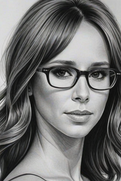 Gorgeous Jennifer Love Hewitt, pencil sketch, portrait of Superb woman 1967s in glasses, hair style beatnik, outline, clear lines, fine lines, 8k