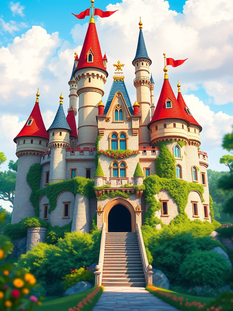 Create a vibrant illustration of a fairytale castle with colorful turrets and lush greenery, using a digital camera with a 50mm lens, f/8 aperture for depth of field, ISO 100 for clarity, in natural daylight settings, capturing a straight-on view of the castle with a whimsical style.