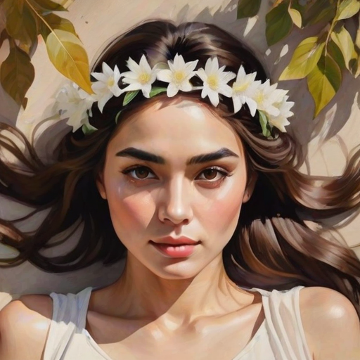 create a watercolor painting of an ethereal portrait of beautiful Tajik woman with a simple white flower crown on her head. Her hair is long and she is lying on the ground. The sunlight on the trees casts shadows from the leaves on her face and body. The background is a neutral brown color that matches her skin tone. The image is minimalist and solid colors. This style is characterized by soft, delicate brushstrokes and a light, airy, contrasting color palette. High level of detail and play of light