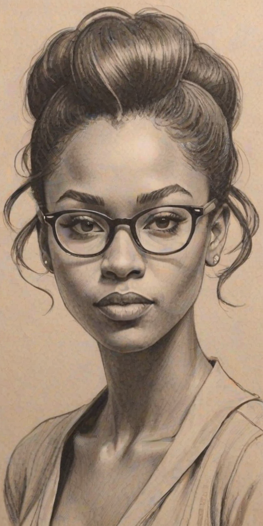 Splendid Mekia Cox, pencil sketch, portrait of Delightful woman 1964s in glasses, hair style beatnik, outline, clear lines, fine lines, 8k