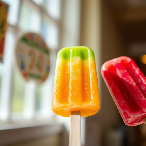 three vibrantly colored popsicles in a well-lit setting, close-up view, macro lens, f/2.8 aperture, 50mm lens, ISO 100, natural light