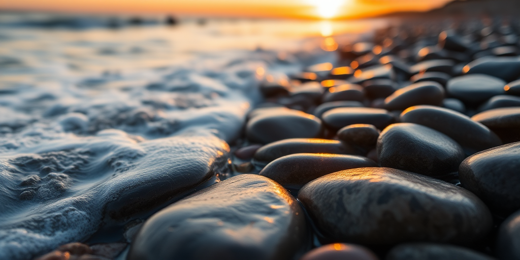 capture a close-up view of smooth, wet stones along a shoreline at sunset with gentle waves lapping over them using a DSLR camera with a 50mm lens, aperture set to f/2.8, ISO 100, and a shutter speed of 1/250 sec to enhance detail and depth of field