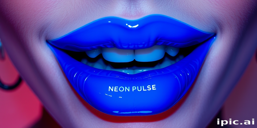 Electric blue lips named "Neon Pulse" boast a vivid, eye-catching hue with a vinyl finish, perfect for futuristic and cyberpunk-inspired fashion statements