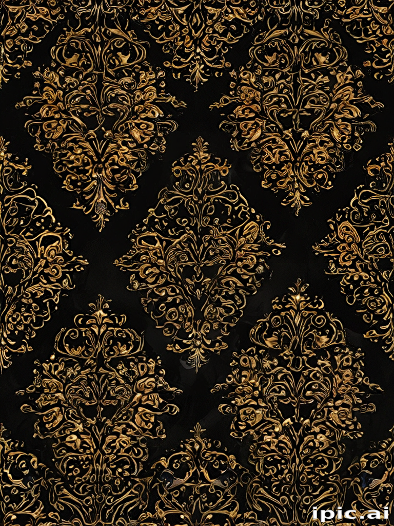 Elegant Gold Floral Damask Pattern on a Deep Black Background Design