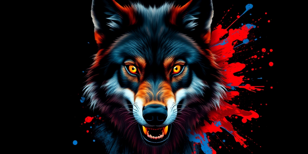 Create a vibrant digital painting of a fierce wolf with glowing orange eyes against a black background, showcasing dynamic splashes of red and blue paint, shot in high resolution with a 50mm lens, f/1.8 aperture, ISO 100, using a DSLR camera for enhanced clarity and detail.
