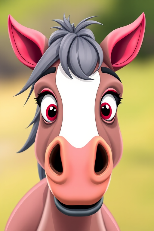 create a cartoon-style image of a horse head with exaggerated features, bright colors including a gray mane and pink ears, using a digital camera with a 50mm lens, f/2.8 aperture, and a shallow depth of field for a smooth background blur, capturing the image from a frontal view to emphasize facial expressions and details