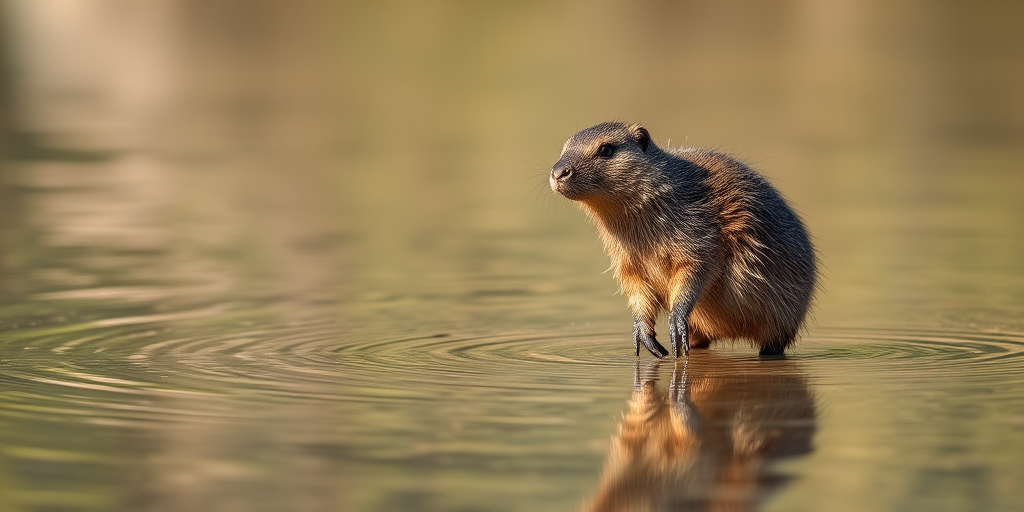 Photograph a nutria standing in shallow water, using a Canon EOS 5D Mark IV, 50mm lens, f/2.8 aperture, ISO 200, 1/200 sec shutter speed, in soft natural light, with a shallow depth of field to enhance the subject clarity against a blurred background.