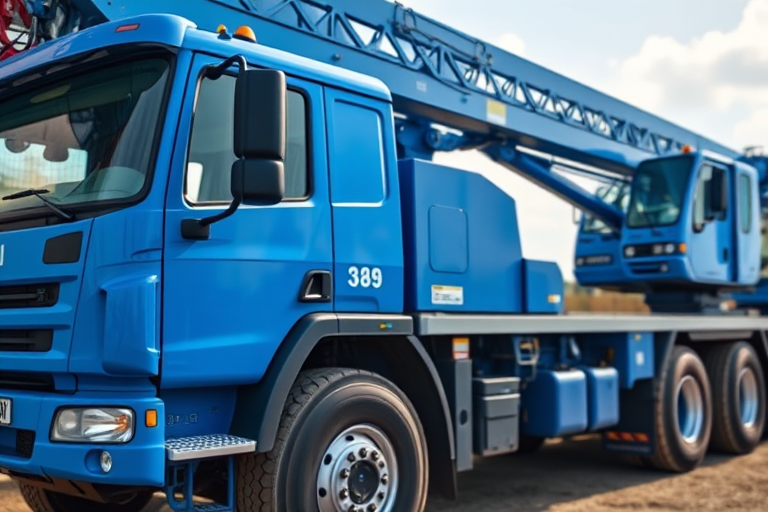 Generate a high-resolution image of a blue crane truck, side view, with a focus on details and textures, using a 50mm lens at f/8 aperture, ISO 200, with natural lighting, on a DSLR camera.