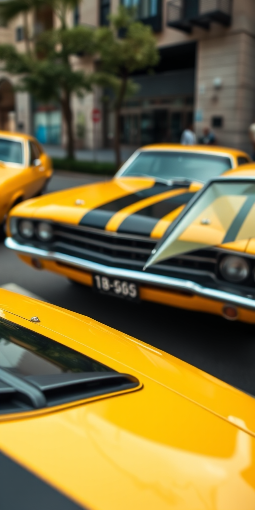 Capture a close-up shot of a classic yellow muscle car with black stripes parked at an urban setting, using a DSLR camera at f/2.8 aperture, ISO 100, 1/250s shutter speed, wide-angle lens, with natural daylight for optimal clarity and detail.
