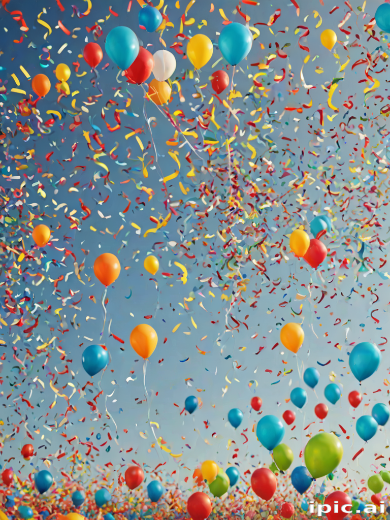 A Colorful Celebration: Balloons and Confetti Filling the Bright Blue Sky.