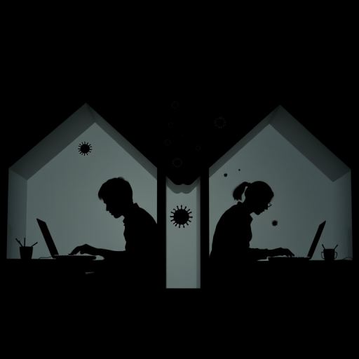 Create a high-contrast silhouette image of two individuals working on laptops inside separate houses, depicting social distancing with virus symbols floating around, shot with a DSLR camera at f/8 aperture, 1/250 sec shutter speed, ISO 100, using a wide-angle lens from a low perspective.