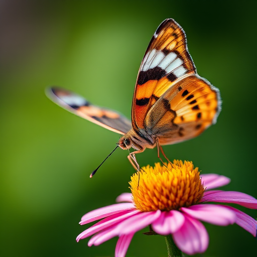 macro shot of a butterfly perched on a flower with a blurred green background, f/2.8 aperture, 1/500 sec shutter speed, ISO 200, 100mm macro lens, soft natural lighting, close-up perspective, DSLR camera