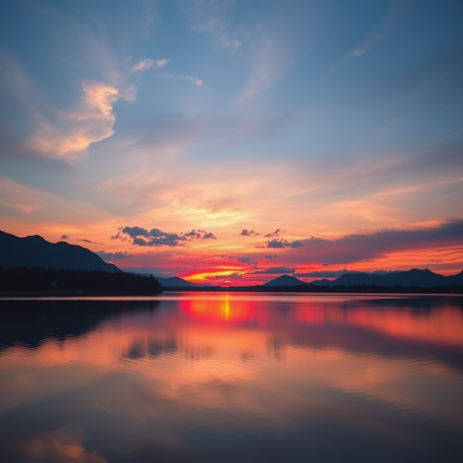 Create a high-resolution image of a serene landscape featuring a sunset over a calm lake, with vibrant colors reflecting on the water, captured using a DSLR camera, 50mm lens, f/8 aperture, ISO 100, 1/200s shutter speed, shot from eye level in landscape orientation.