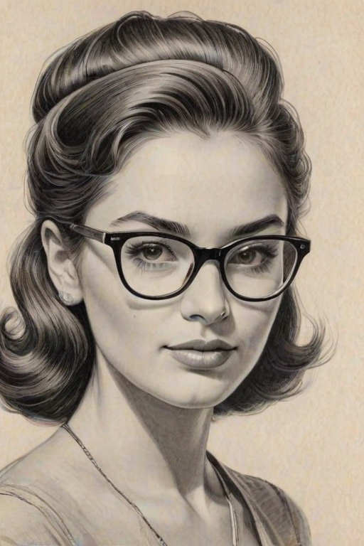 Radiant Bella Poarch, pencil sketch, portrait of Lovely woman 1955s in glasses, hair style beatnik, outline, clear lines, fine lines, 8k