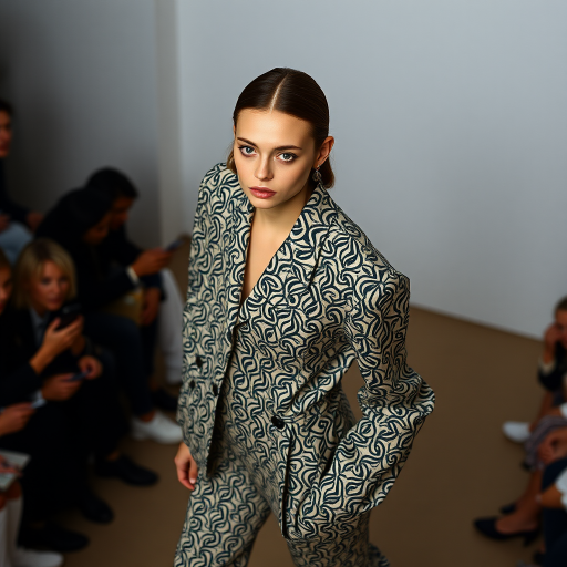 Capture the model from a high angle, emphasizing the outfit’s pattern and silhouette. Use a 35mm prime lens to maintain sharpness and minimize distortion