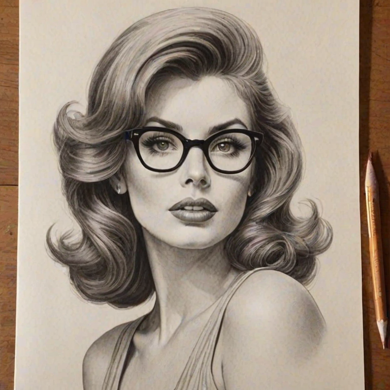Radiant Tina Louise, pencil sketch, portrait of Stunning woman 1943s in glasses, hair style beatnik, outline, clear lines, fine lines, 8k