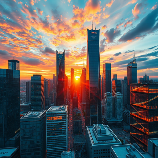 Create a detailed, high-resolution illustration of a futuristic city skyline at sunset, with vibrant colors reflecting off glass buildings, using a Canon EOS R5, 24mm lens, f/8 aperture, ISO 100, 1/50 sec exposure, shot from a bird's-eye view for a dynamic perspective.