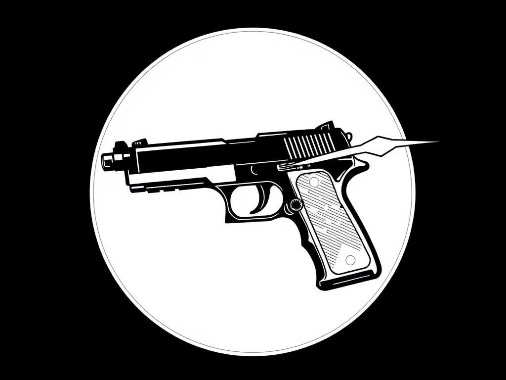 Generate a high-contrast black and white illustration of a stylized gun inside a circular outline with a lightning bolt emanating from the barrel, shot with a DSLR camera at f/8 aperture, ISO 100, 50mm lens, in a balanced lighting setup for sharp detail.