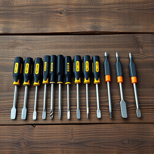 Create a high-resolution image of a line-up of various screwdrivers arranged horizontally on a rustic wooden surface, using a Canon EOS R6 with a 50mm f/1.8 lens, aperture set to f/4 for moderate depth of field, ISO 100 for minimal noise, and a soft natural light source to enhance textures.