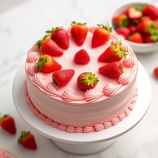 A beautifully decorated round cake with smooth pink frosting and intricate piping around the edges topped with fresh strawberries, placed on a white cake stand with a bowl of strawberries in the background.