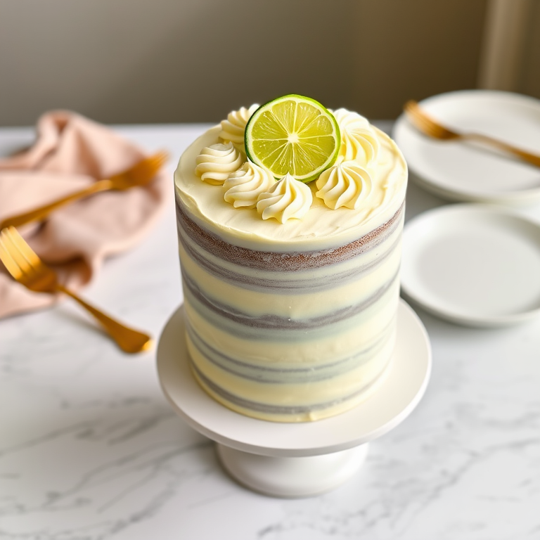 A tall cake with a smooth cream frosting topped with decorative swirls and a slice of lime on top displayed on a white cake stand with a gold fork and a plate in the background on a marble surface.