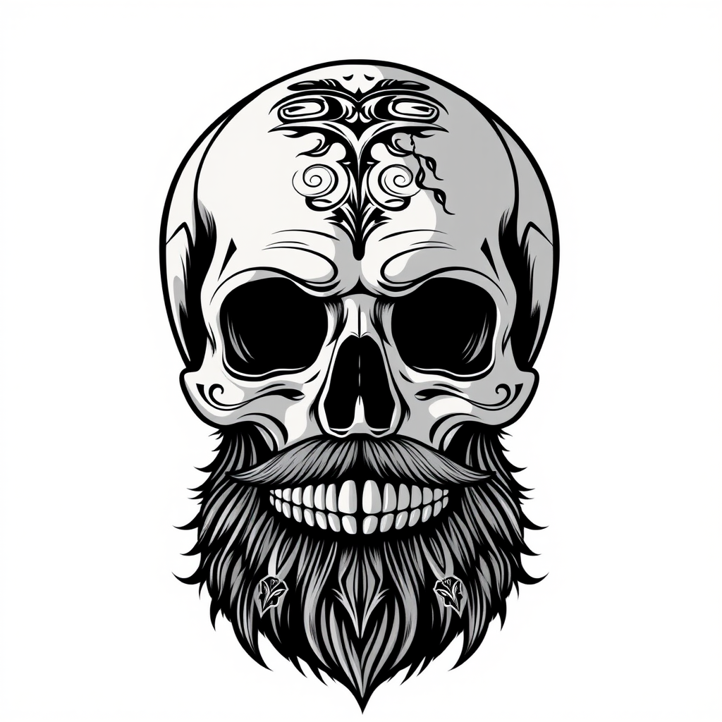 Create a detailed vector illustration of a skull with a stylized beard and mustache, featuring intricate designs on the beard, set against a minimalist background, using a high-resolution camera with a 50mm lens, f/1.8 aperture, ISO 100, shot from a frontal view in natural lighting for enhanced contrast and clarity.