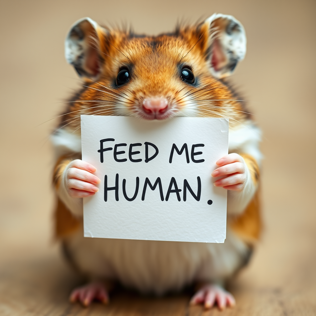 hamster holding a note which says "FEED ME HUMAN"