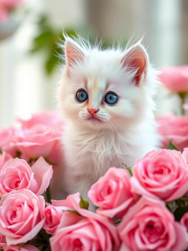 A fluffy white kitten with big blue eyes sitting among pink roses, soft focus background, natural light, f/2.8 aperture, 50mm lens, DSLR camera.