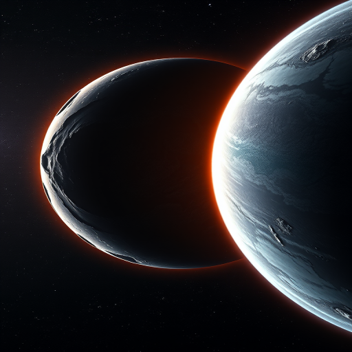 Create a highly detailed digital artwork of a dark, mountainous planet in space with glowing edges, shot with a DSLR camera at 24mm, f/8, ISO 100, using a wide-angle lens to capture the vastness of space with high dynamic range lighting for enhanced depth and contrast.