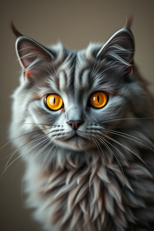 portrait of a fluffy gray cat with piercing yellow eyes, soft focus background, studio lighting, 50mm lens, f/2.8, ISO 100, shutter speed 1/200, Canon DSLR
