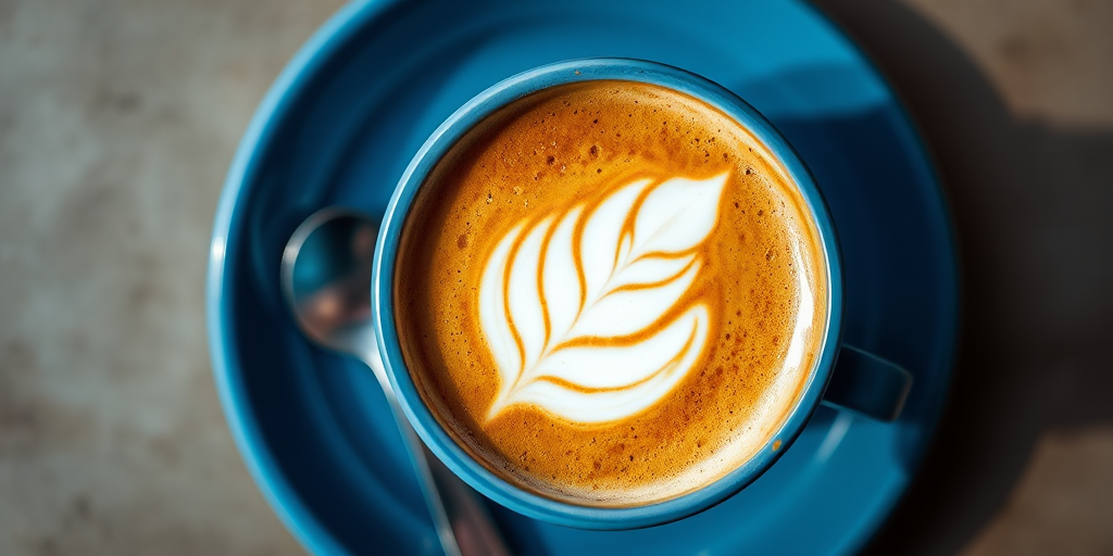 Aerial view of a latte with leaf art in a blue cup on a blue plate, with a silver spoon beside it, taken with a DSLR camera at f/2.8 aperture, ISO 100, 50mm lens, natural lighting for enhanced clarity and detail.