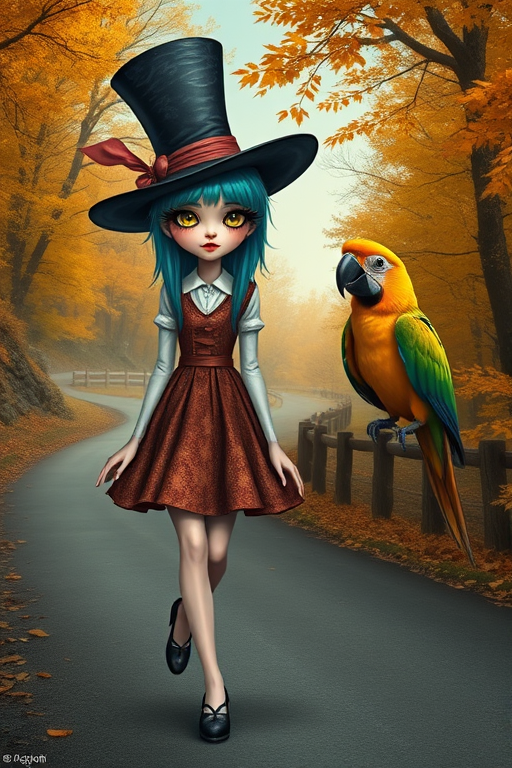 digital art fantasy depicting a strange girl with blue hair, long eyelashes, Yellow lipstick and a tall hat walking along a winding road on an autumn afternoon, an Parrot smiles as she passes