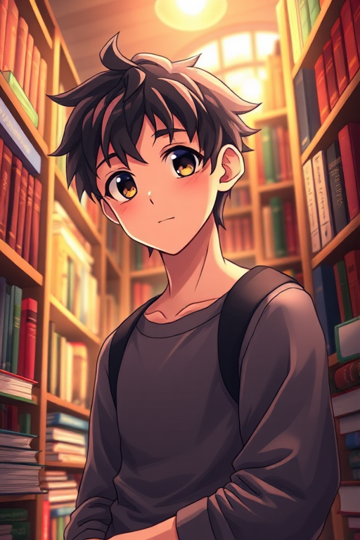 anime boy in a cozy library surrounded by books, soft natural lighting, f/2.8 aperture, 50mm lens, DSLR camera, shallow depth of field, warm color palette, high detail