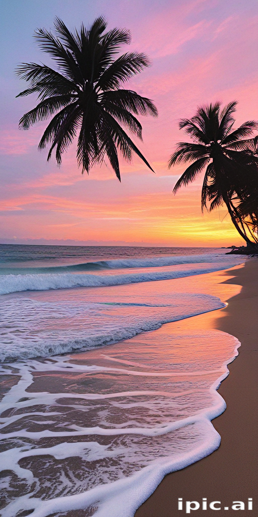 Serene Sunset Over Tropical Beach with Palm Trees and Gentle Waves