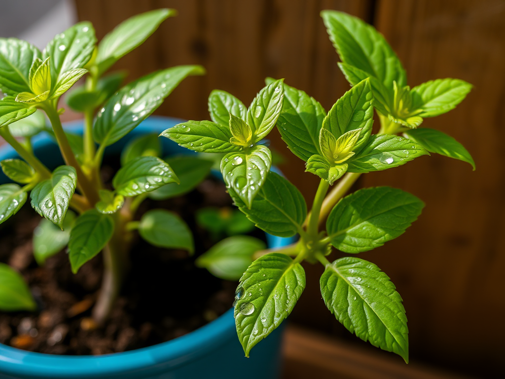 potted green plants with droplets of water on a blue pot, wooden background, natural lighting, macro lens, f/2.8 aperture, 50mm lens, 1/200 sec shutter speed, DSLR camera