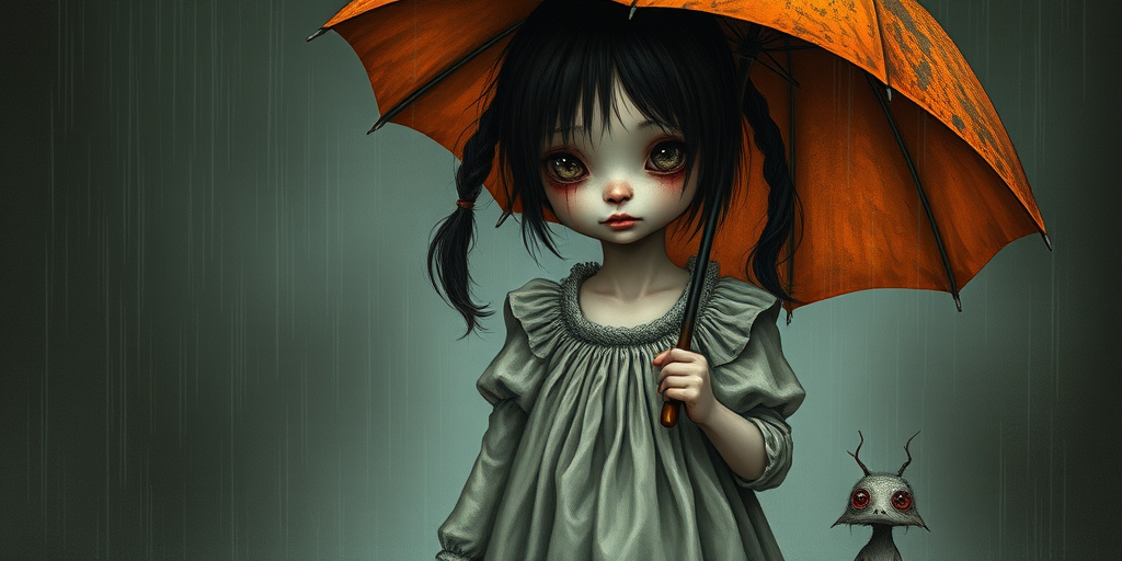 An eerie, weird little girl with dark hair in thin pigtails, wearing a smock dress, standing in the rain, holding a dirty orange umbrella, a small, odd creature beside her. In a surreal style inspired by Nicoletta Ceccoli and Brian Froud. Dark fantasy themes