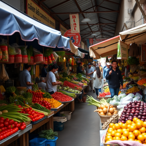 Market scene with vendors selling fresh vegetables and fruits, incorporating vibrant colors and busy atmosphere, shot with a Canon EOS R5, 50mm lens, f/1.8 aperture, ISO 200, 1/200s shutter speed, natural light with a slight haze for depth.