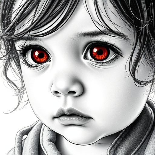 A hyperdetailed photorealistic black and white sketch of a beautiful toddler with deep red eyes, with a macro focus