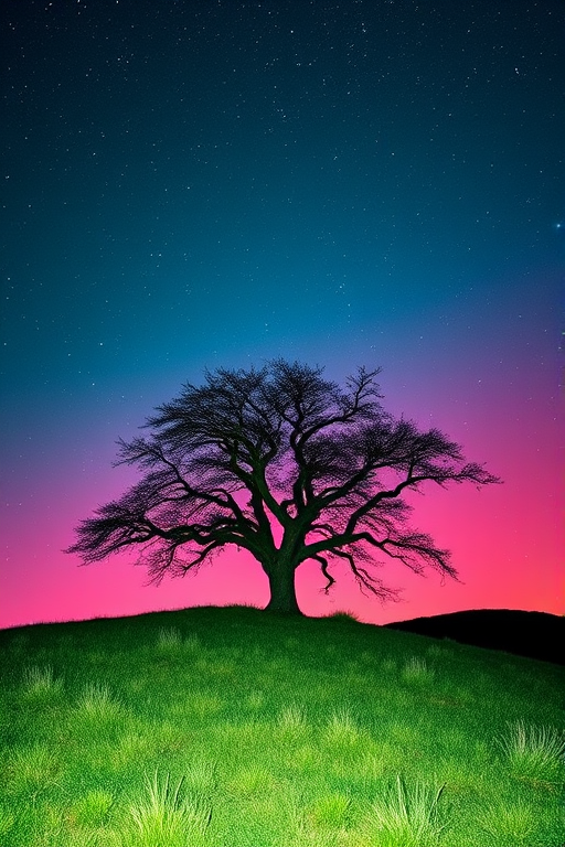 Generate a silhouette of a tree on a grassy hill under a starry night sky with vibrant teal and magenta hues, using a DSLR camera with a 50mm lens, aperture f/1.8, shutter speed 1/60s, ISO 800, shot in landscape orientation to enhance clarity and color depth.