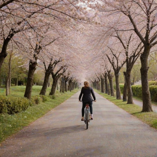 Quiet country road lined with cherry blossom trees, petals floating through the air, as a woman rides her bicycle slowly down the lane.