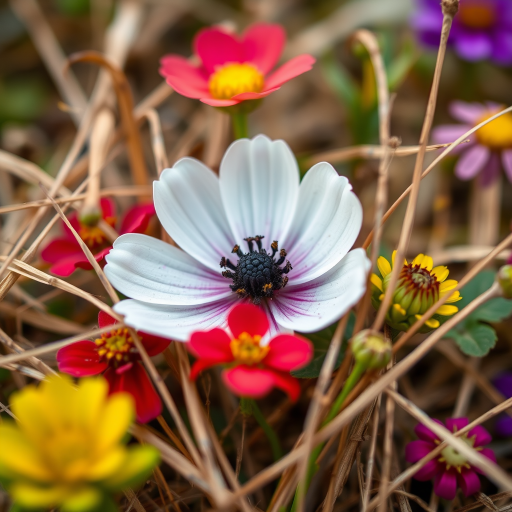 Create an artistic illustration of colorful wildflowers featuring a white flower with a black center, reddish flowers, and dried grass, shot from a flat lay perspective with a macro lens, using a DSLR camera at f/2.8 for shallow depth of field and vibrant colors.