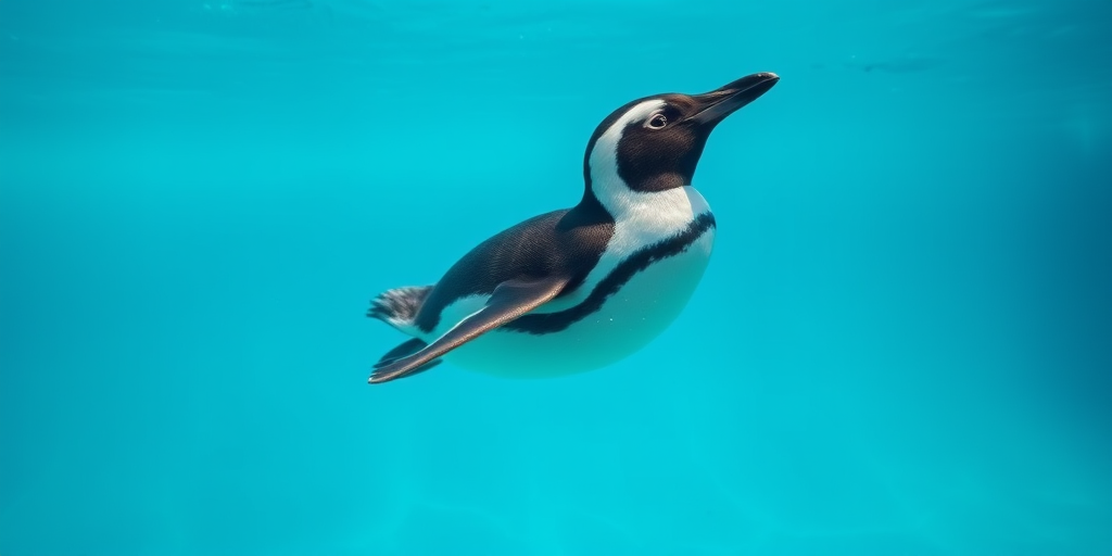 A penguin swimming gracefully in clear blue water, captured with a Canon EOS 5D Mark IV, ISO 400, f/4, 1/250 sec, using a wide-angle lens from a low angle to emphasize movement and clarity.