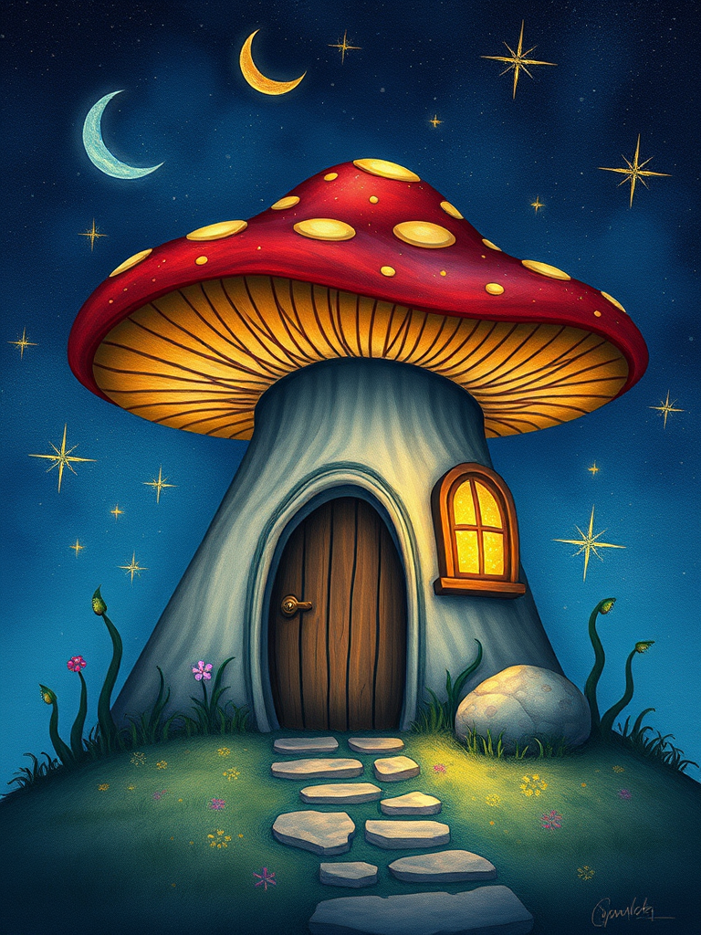 imagine illustration of a mushroom house with a door and a window, a storybook , fantasy art, mushroom house, bg starry sky, sparkles