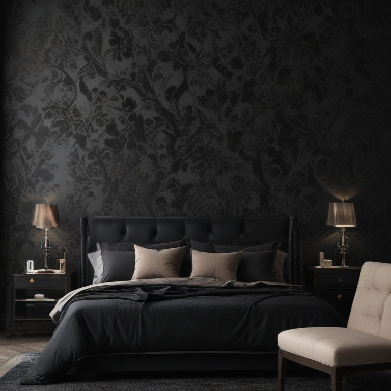 Elegant and Cozy Bedroom Design Featuring Luxurious Black Floral Wallpaper