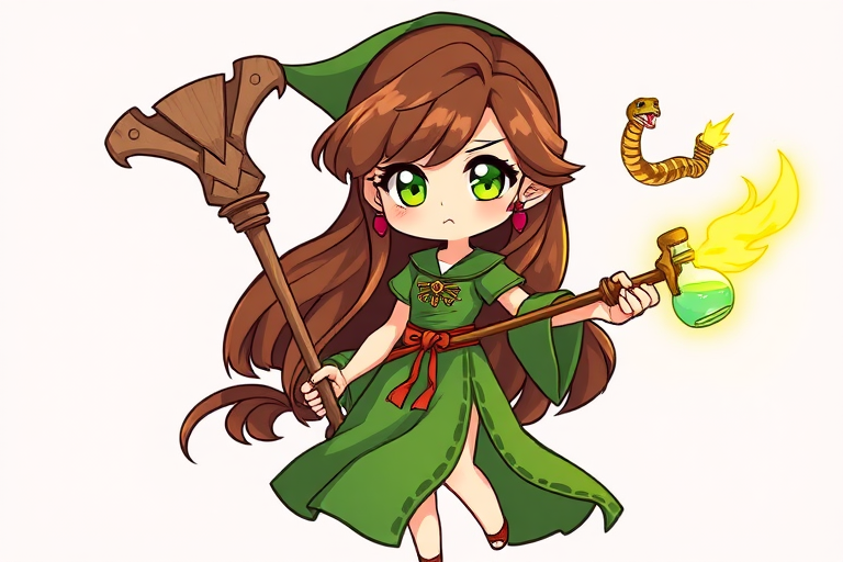 Create an illustration of a chibi-style sorceress with long brown hair and green eyes wearing a flowing green dress with a high slit, holding a wooden staff with a snake wrapped around it and a glowing potion, captured in vibrant colors and smooth lines, using a DSLR camera with a 50mm lens, f/1.8 aperture, ISO 200, at a 45-degree angle for dynamic composition, with soft diffused lighting to enhance details and minimize shadows.