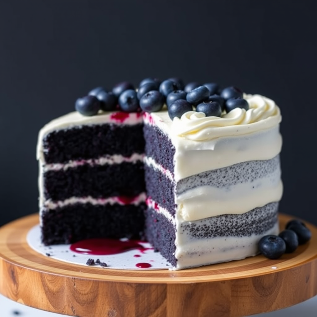 A beautifully layered cake with dark blue sponge cake and creamy frosting visible from the cut side, topped with fresh blueberries, placed on a wooden cake stand, with some berry filling oozing out slightly.